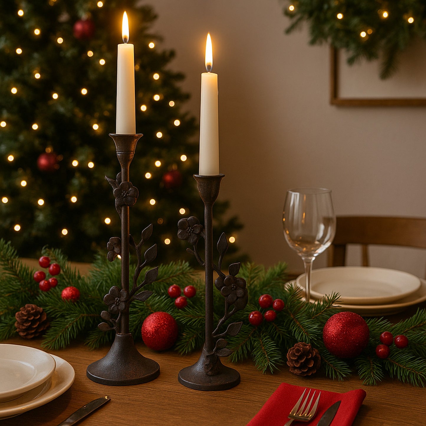 Langport Floral Taper Candle Holders Antique Bronze