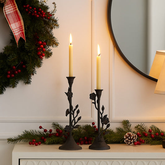 Langport Floral Taper Candle Holders Antique Bronze