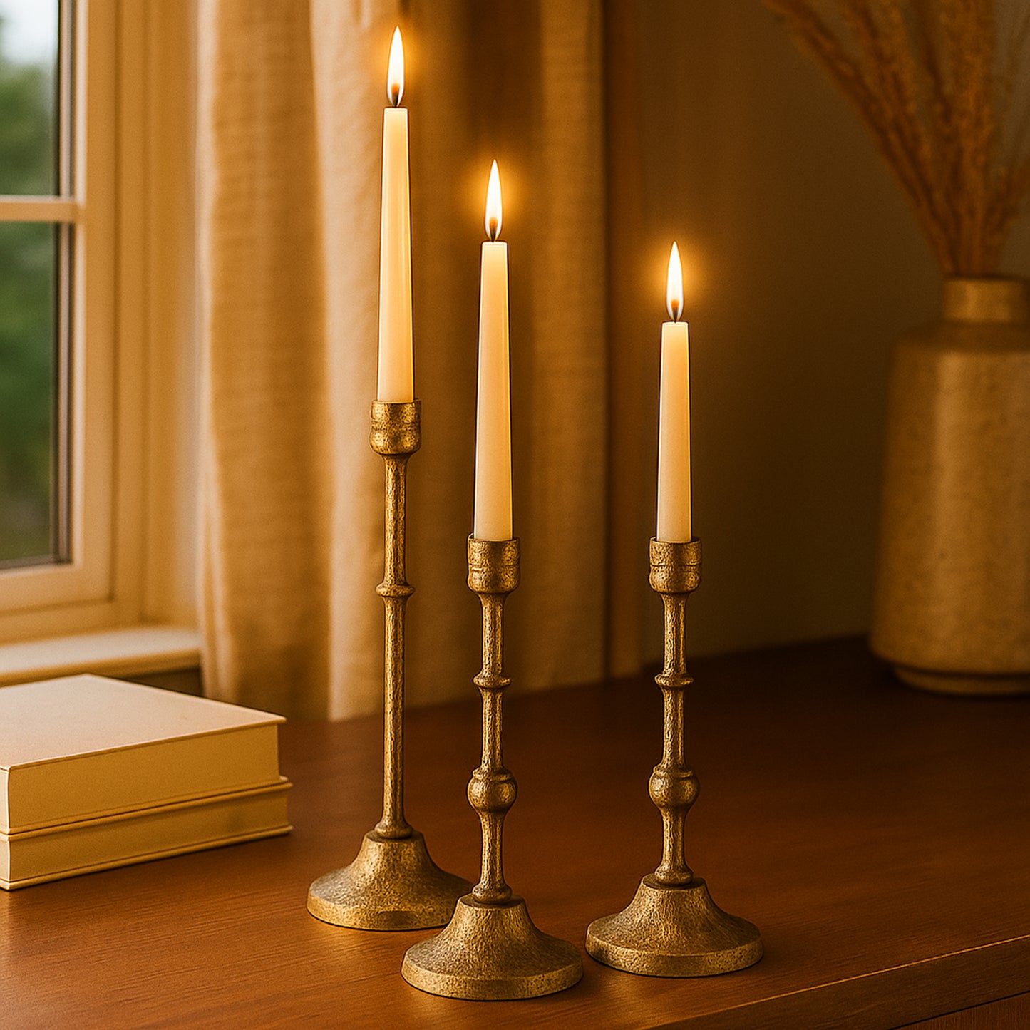 Three lit candles in gold candlesticks on a wooden surface with a window and curtain in the background.