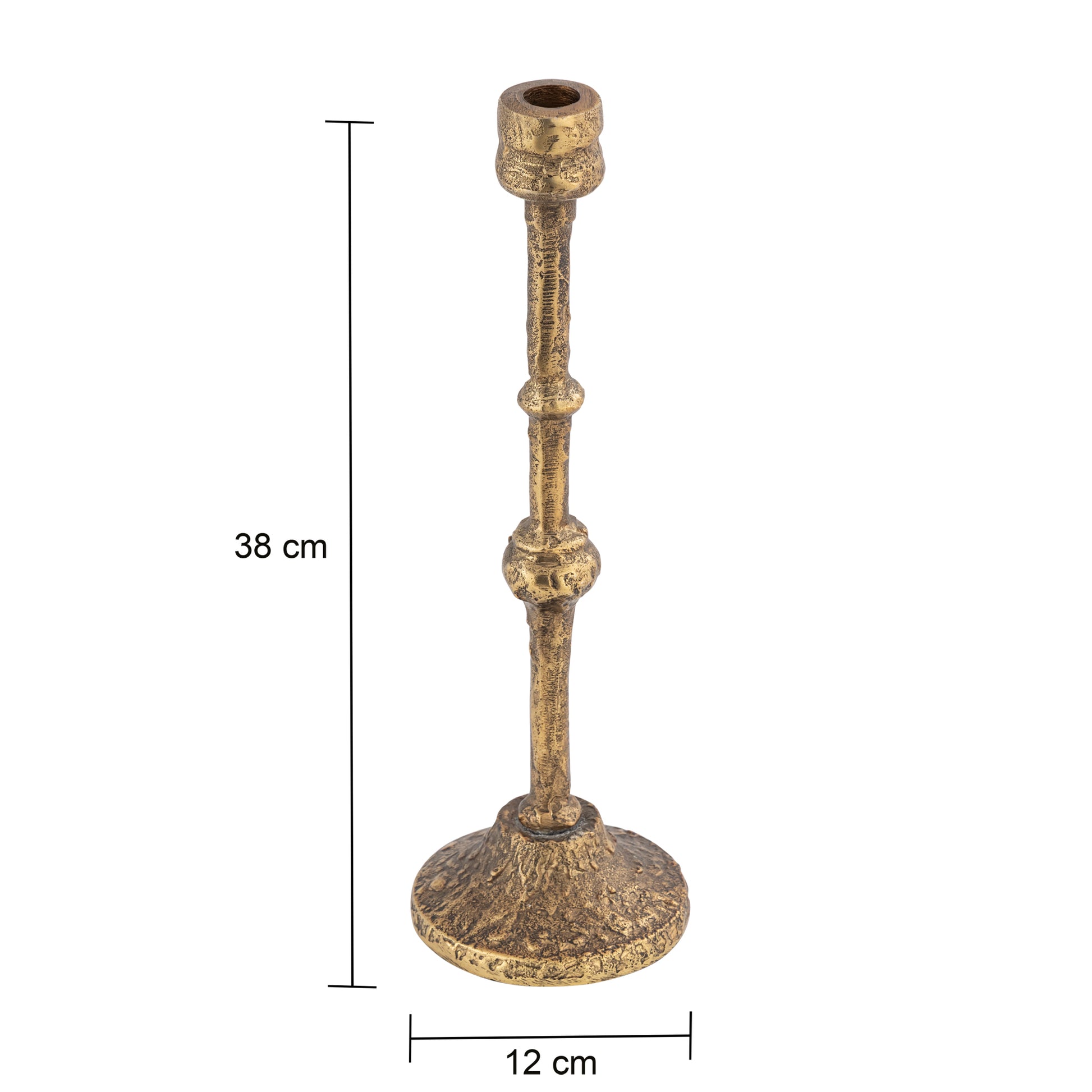 Brass candle holder with dimensions on a white background