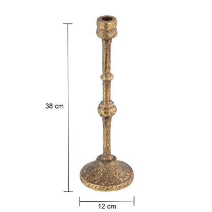 Brass candle holder with dimensions on a white background