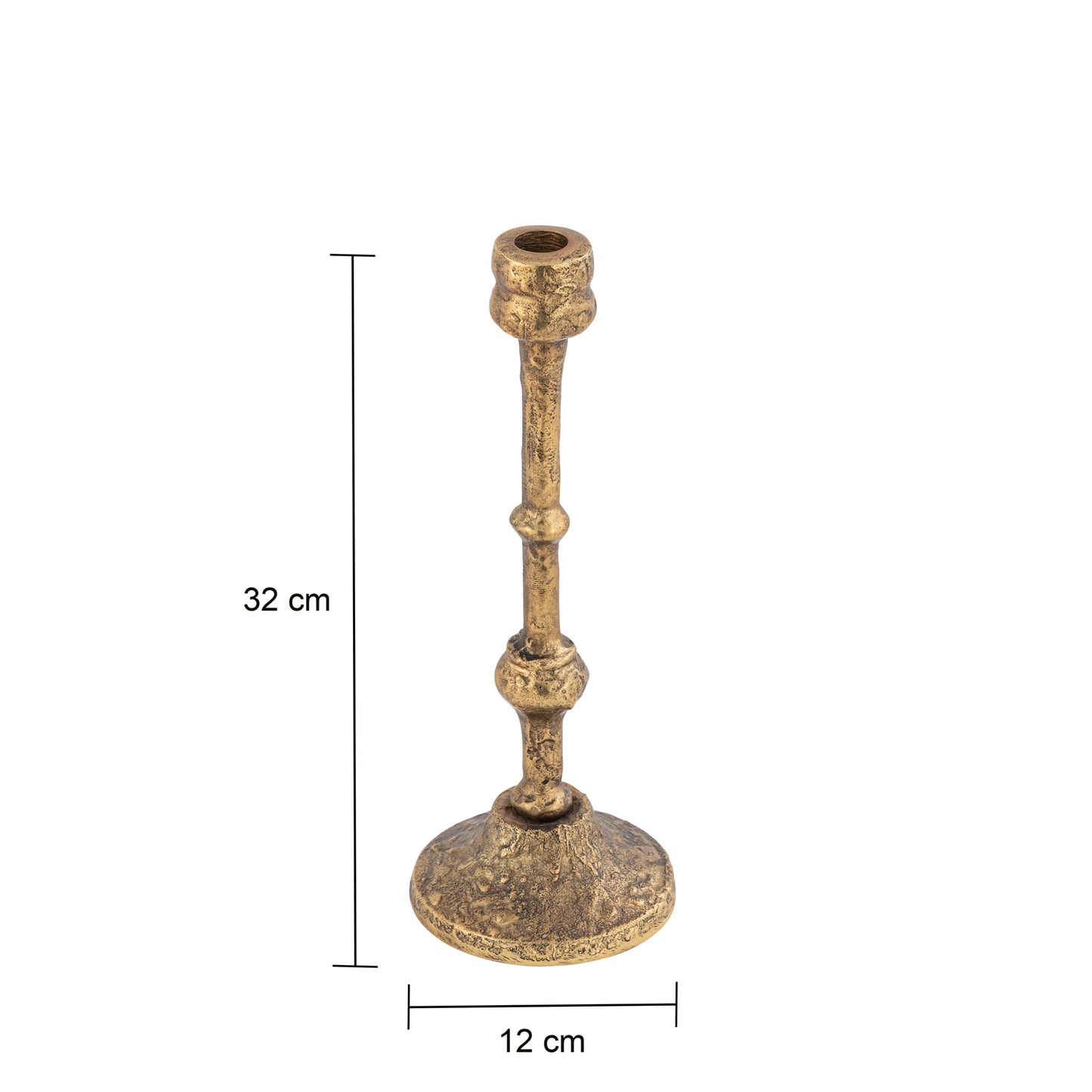 Brass candle holder with dimensions on a white background
