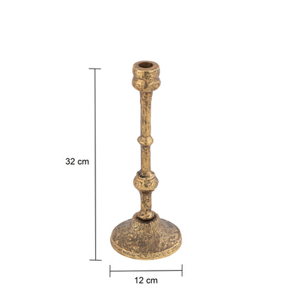 Brass candle holder with dimensions on a white background