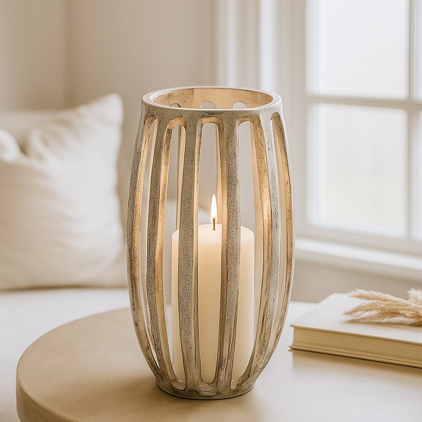 Matlock Arched Metal Pillar Candle Holder Antique Silver (19cm X 30cm)