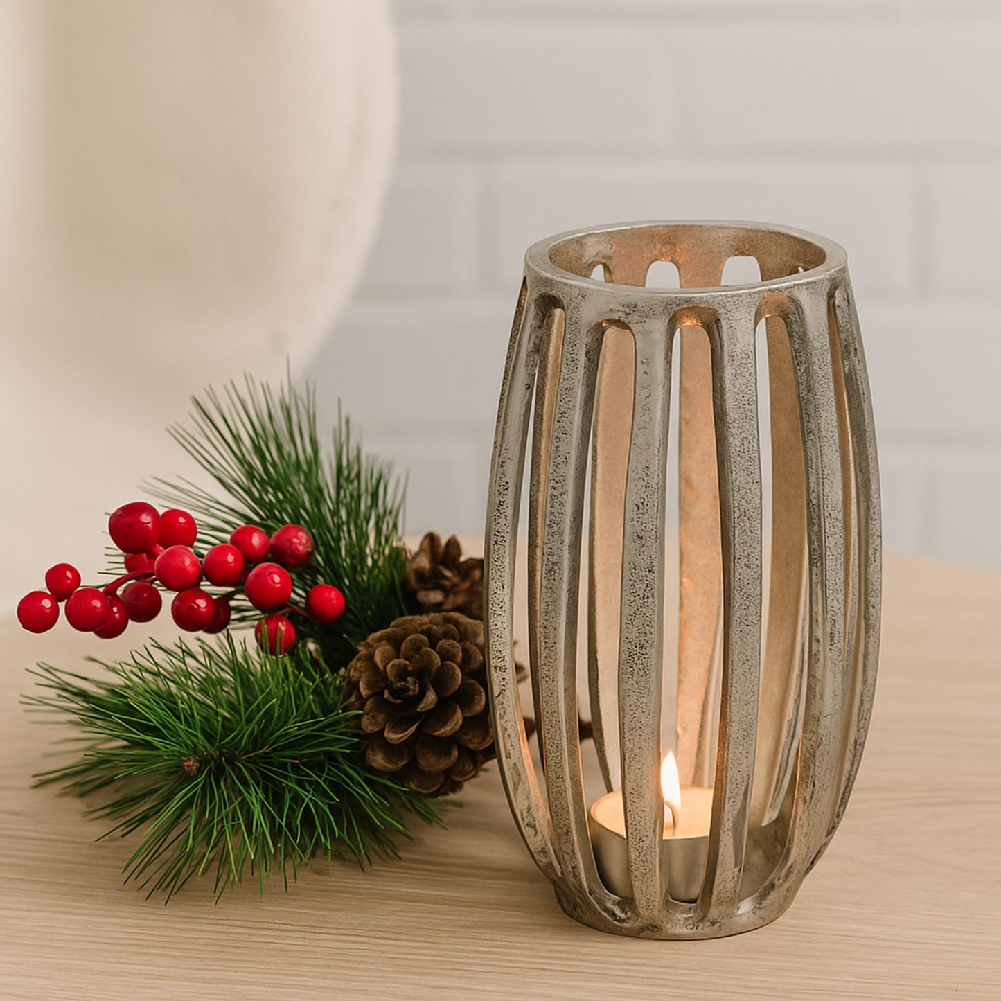 Matlock Arched Metal Pillar Candle Holder Antique Silver (19cm X 30cm)