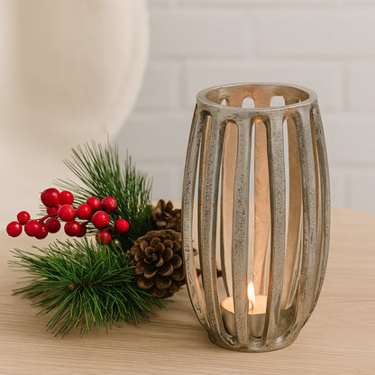 Matlock Arched Metal Pillar Candle Holder Antique Silver (19cm X 30cm)