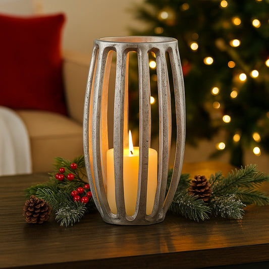 Matlock Arched Metal Pillar Candle Holder Antique Silver (19cm X 30cm)