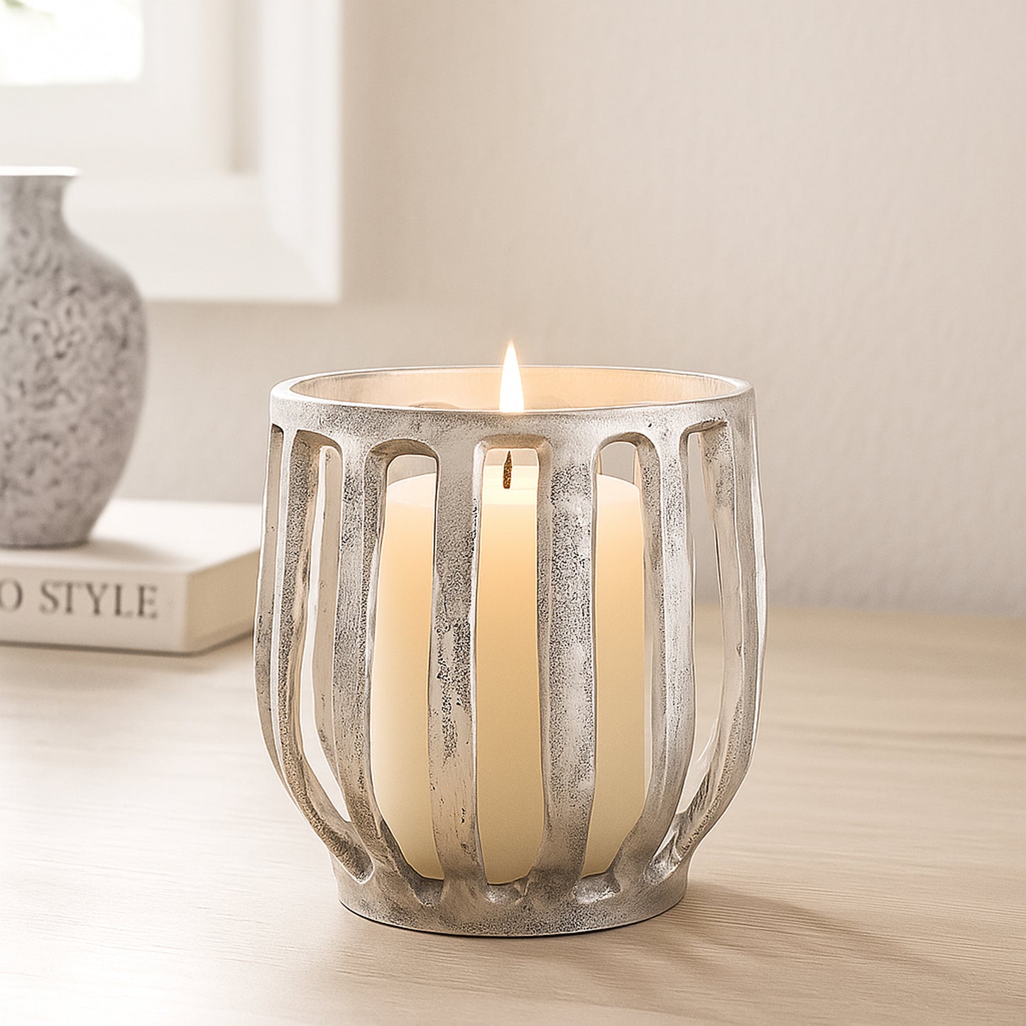 Matlock Arched Metal Pillar Candle Holder Antique Silver (25cm X 25cm)