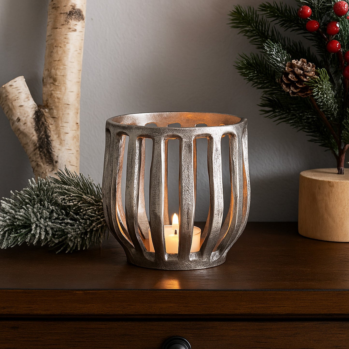 Matlock Arched Metal Pillar Candle Holder Antique Silver (25cm X 25cm)