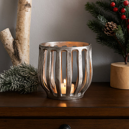 Matlock Arched Metal Pillar Candle Holder Antique Silver (25cm X 25cm)