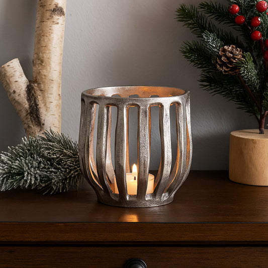 Matlock Arched Metal Pillar Candle Holder Antique Silver (25cm X 25cm)