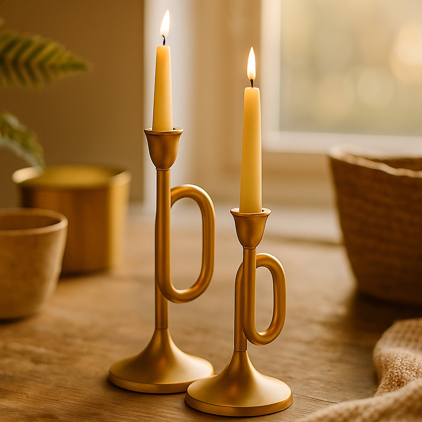 Two gold candle holders with lit candles