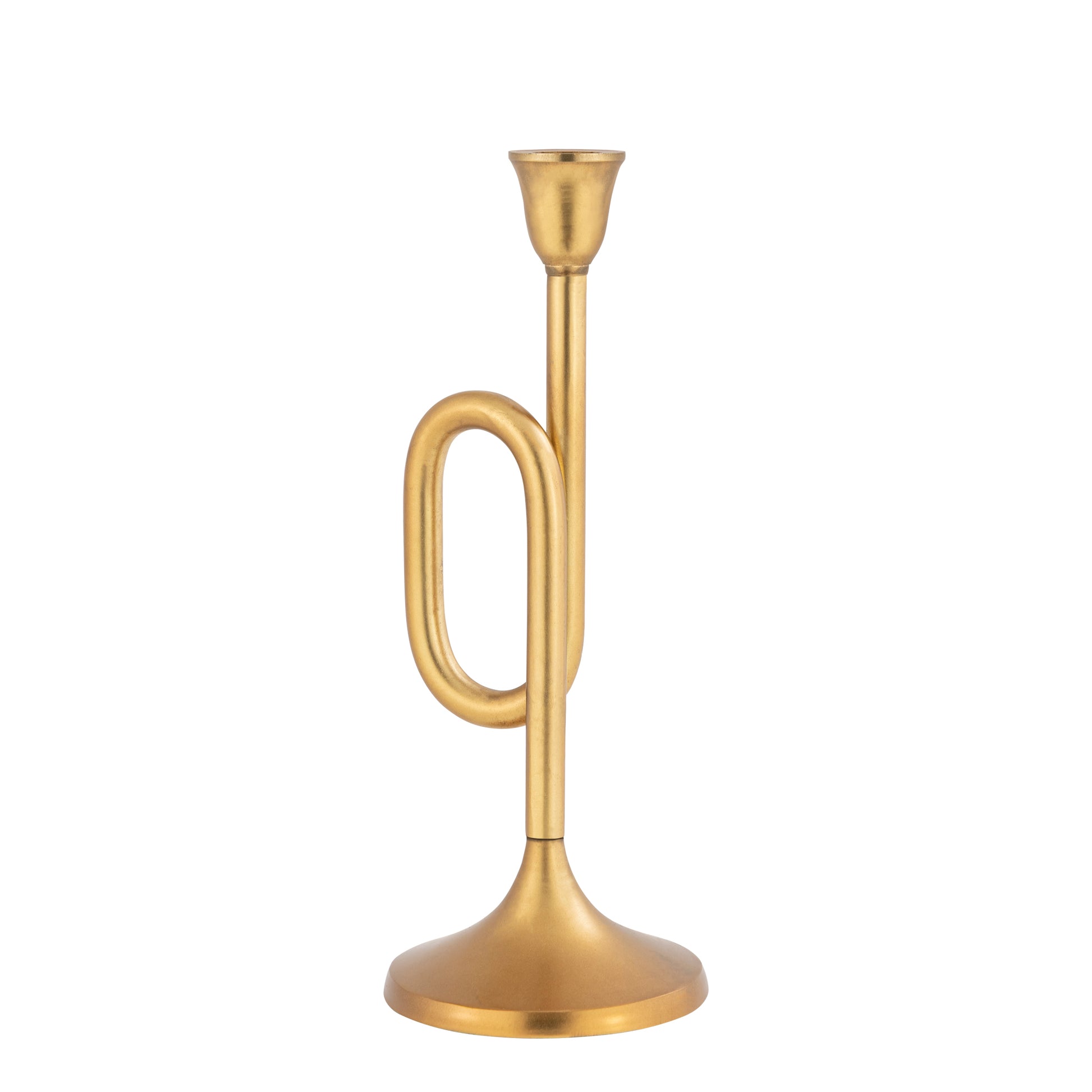 Gold trumpet-shaped candle holder on a white background