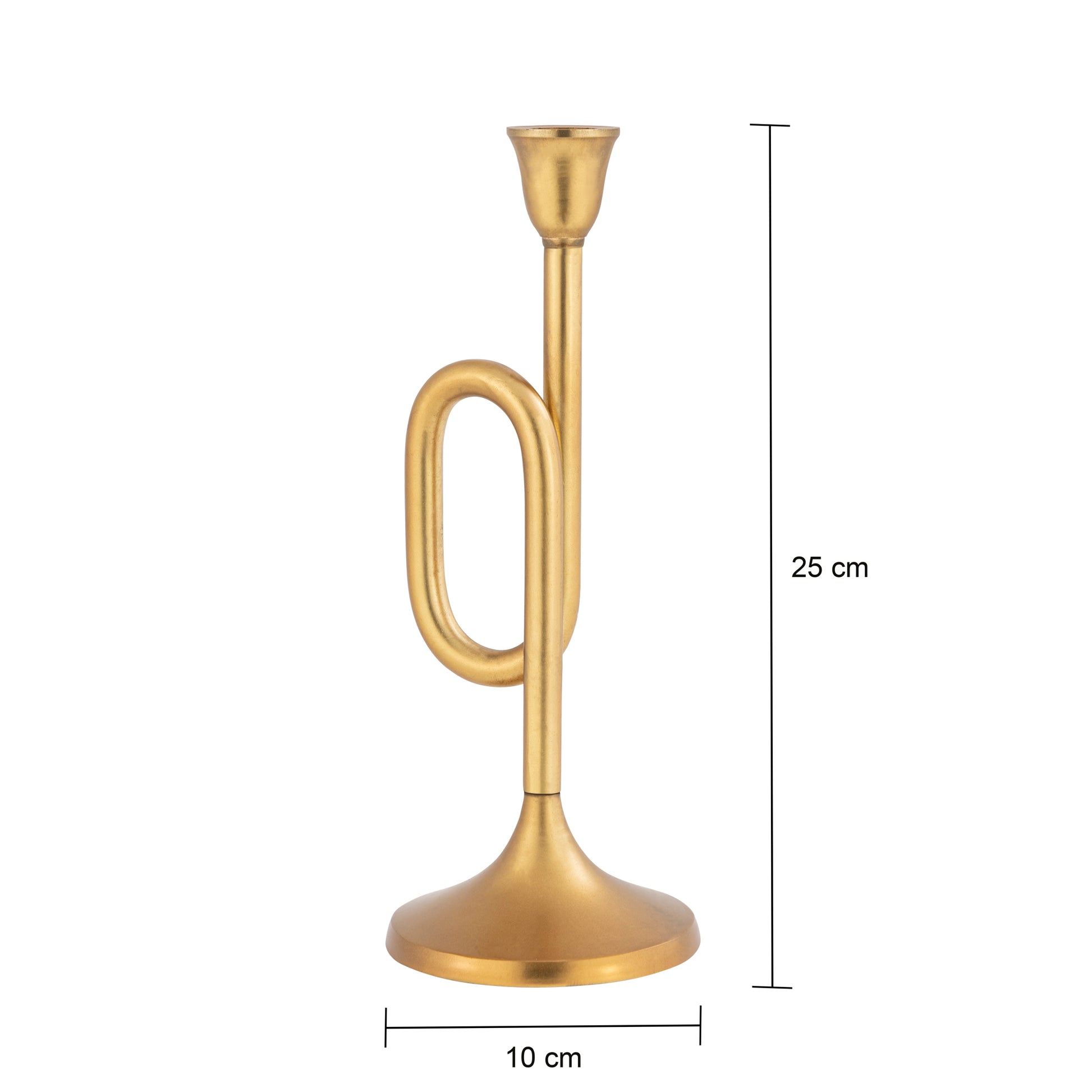 Gold trumpet with measurements on a white background