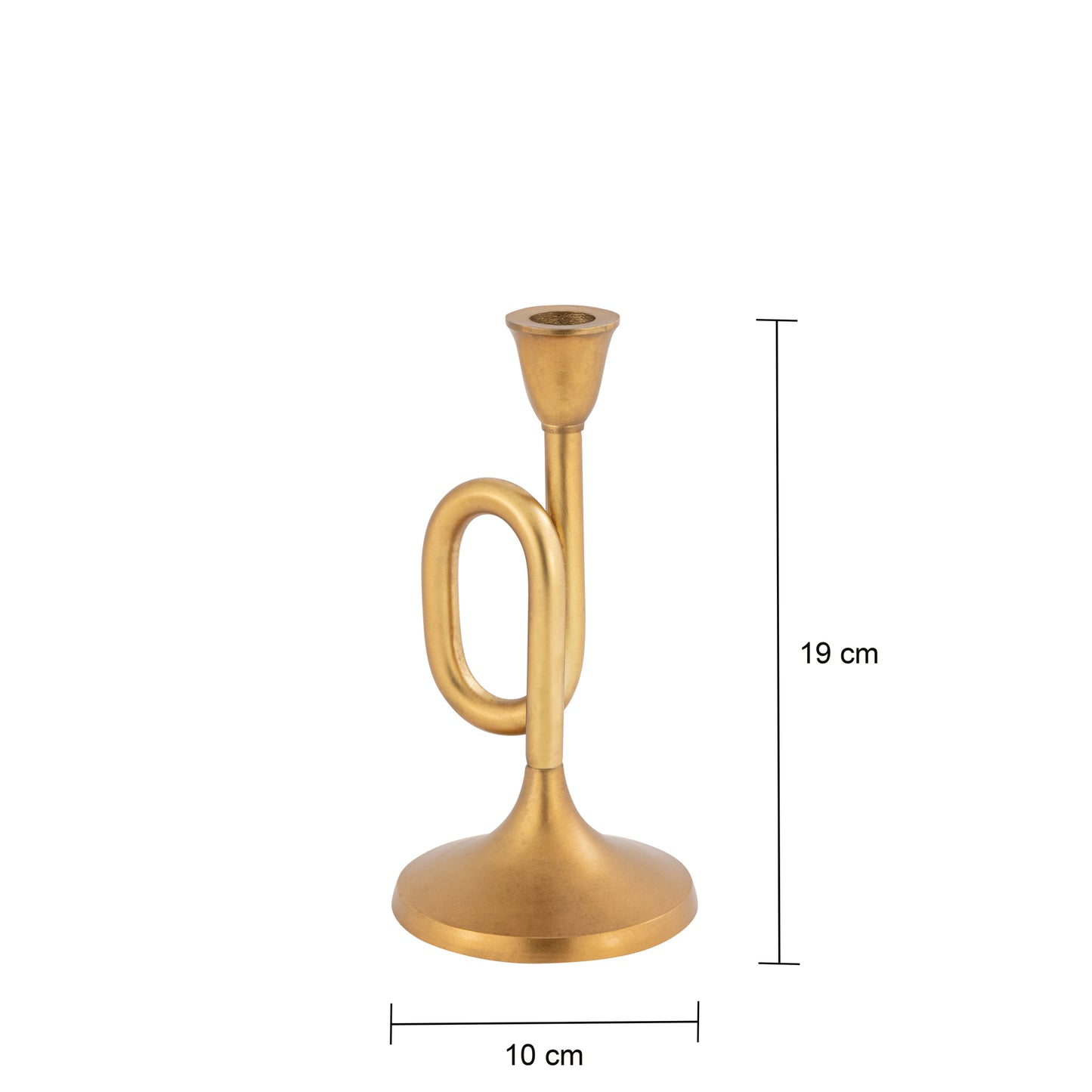 Gold candle holder with dimensions on a white background