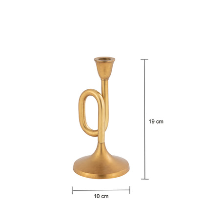 Gold candle holder with dimensions on a white background