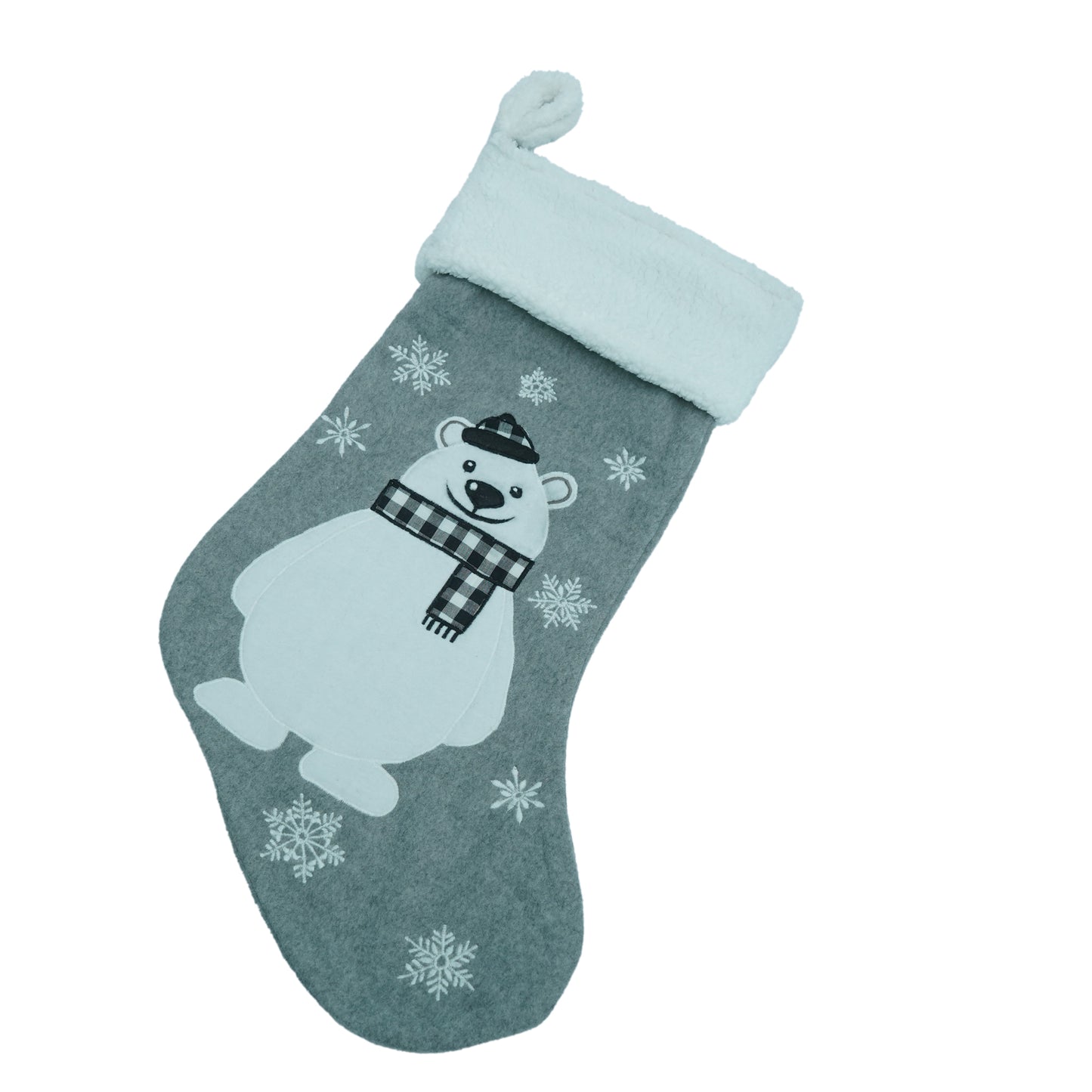 Grey Fleece Christmas Stocking with Polar Bear Motif