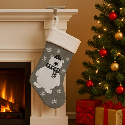 Grey Fleece Christmas Stocking with Polar Bear Motif