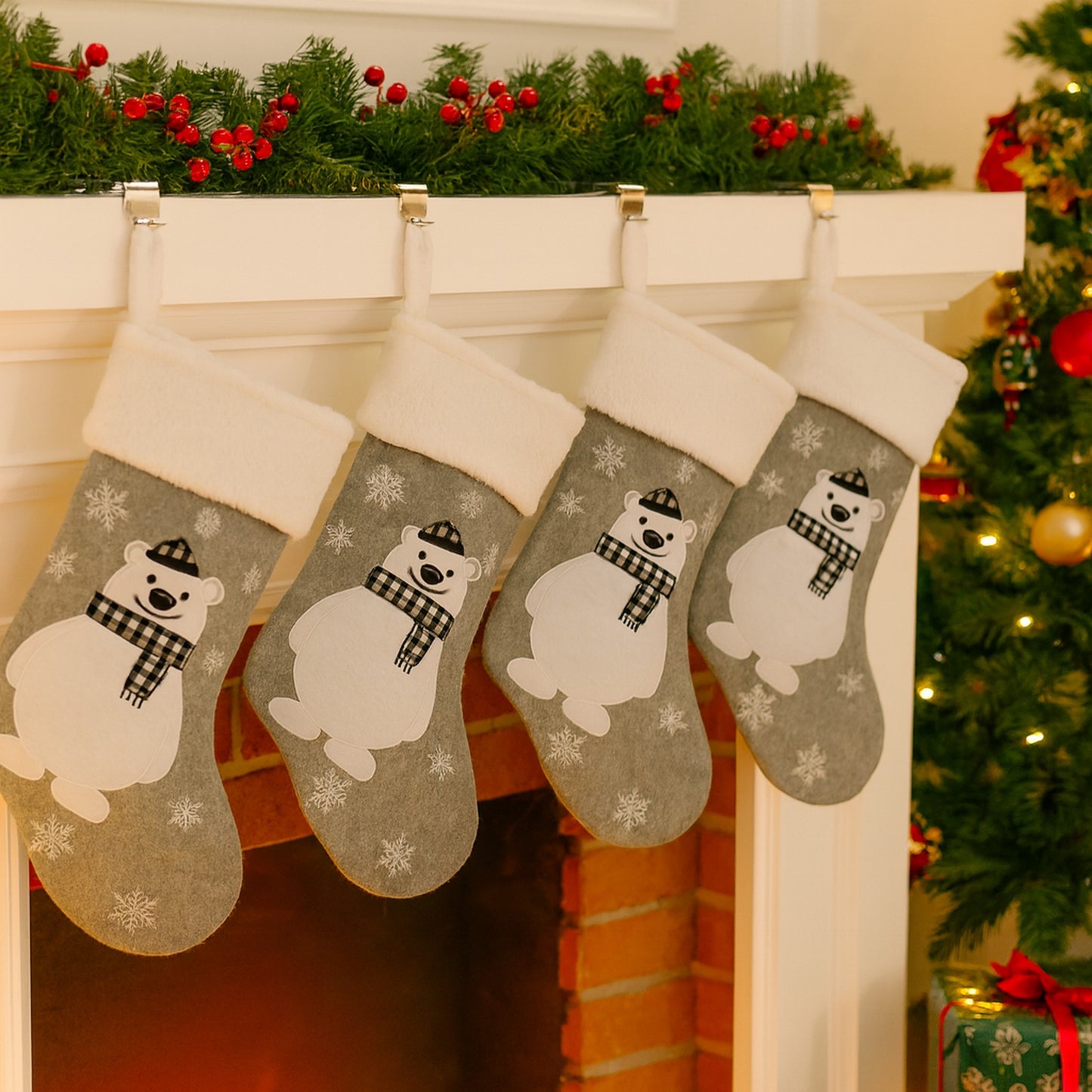 Grey Fleece Christmas Stocking with Polar Bear Motif