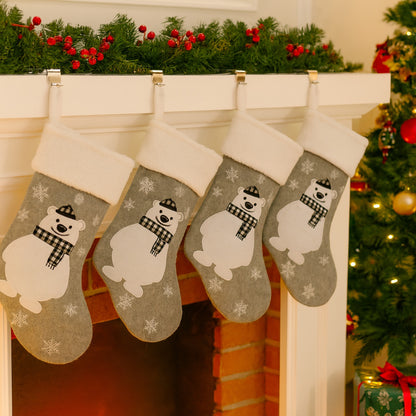Grey Fleece Christmas Stocking with Polar Bear Motif
