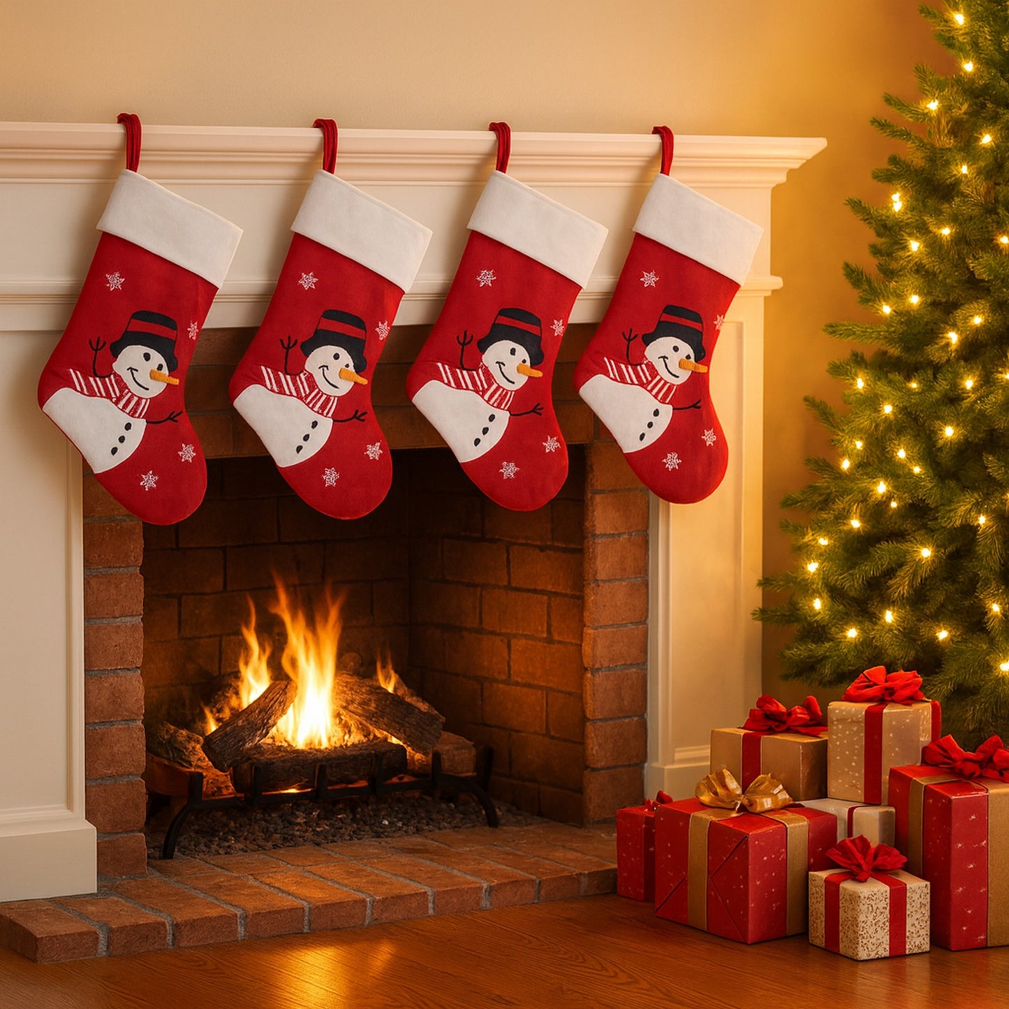 Red Fleece Christmas Stocking with Snowman Motif