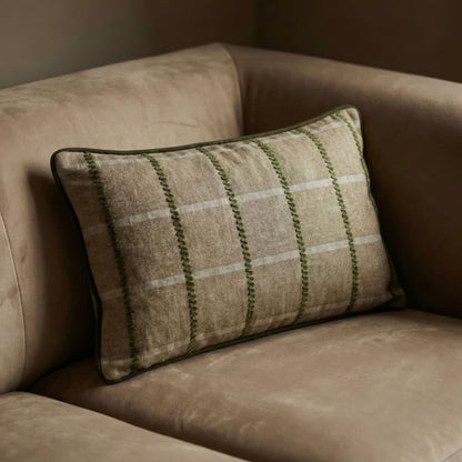 Beige Woven Linen Lumbar Cushion Cover with Embroidered Detail – 30×50cm