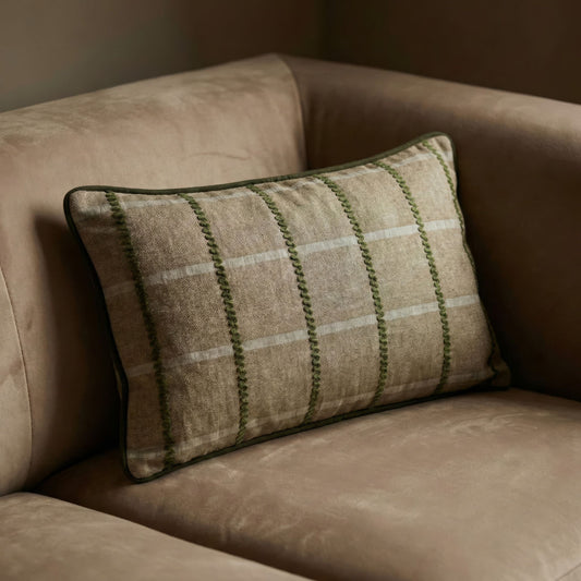 Beige Woven Linen Lumbar Cushion Cover with Embroidered Detail – 30×50cm