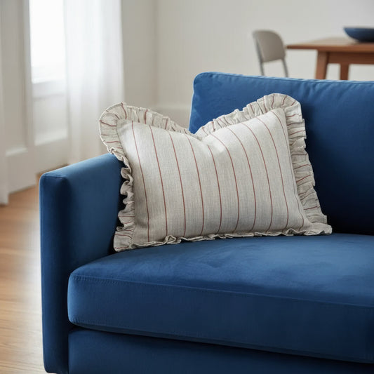 Red Striped Linen Lumbar Cushion Cover with Ruffle Trim – 30×50cm