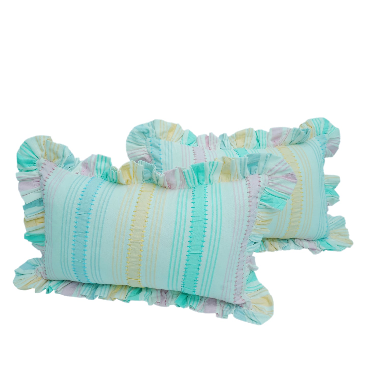 Rainbow Seersucker Cotton Lumbar Cushion Cover with Ruffle Trim - 30x50cm