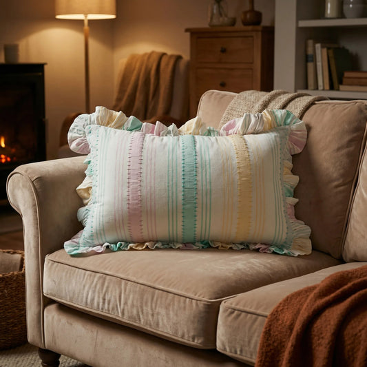 Rainbow Seersucker Cotton Lumbar Cushion Cover with Ruffle Trim - 30x50cm