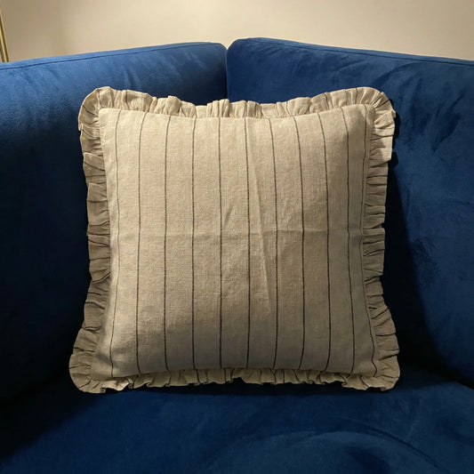 Black Striped Linen Cushion Cover with Ruffle Trim – 45cm