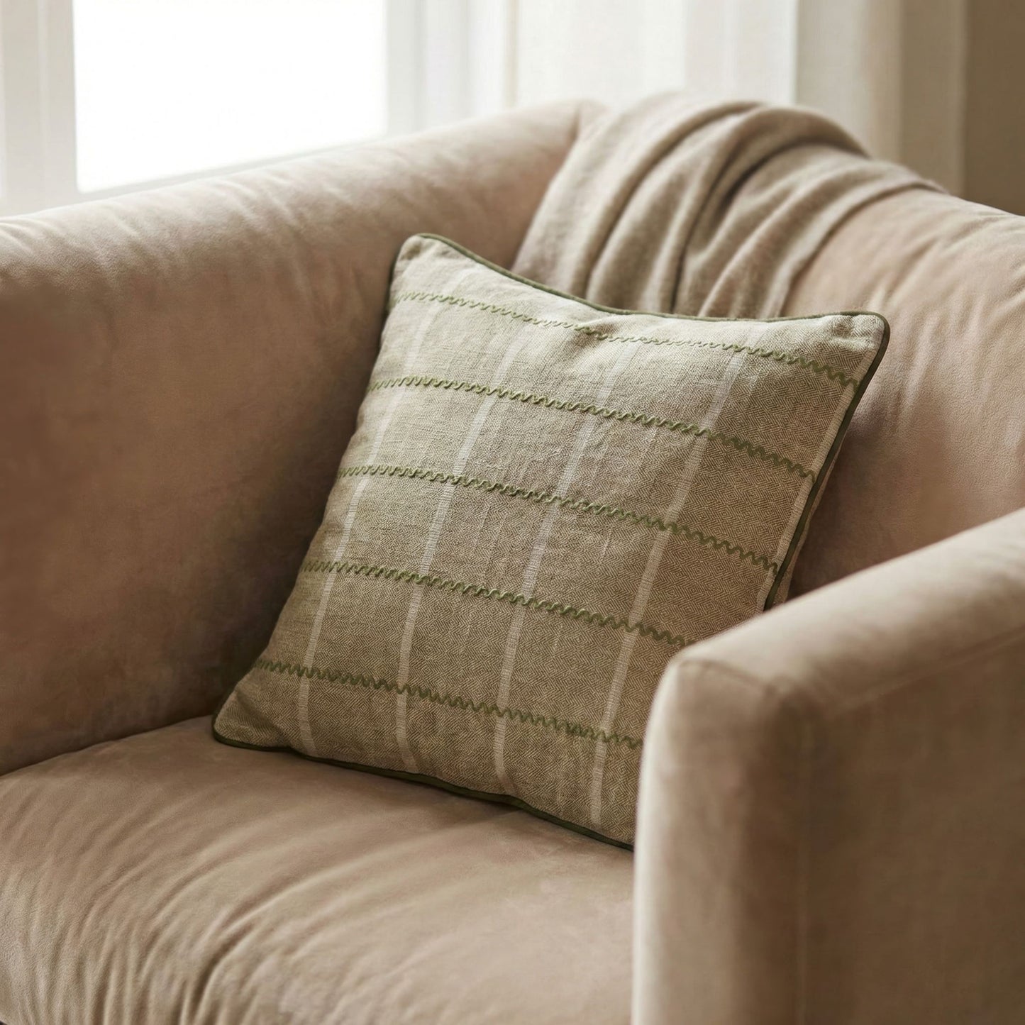 Beige Woven Linen Cushion Cover with Embroidered Detail – 45cm