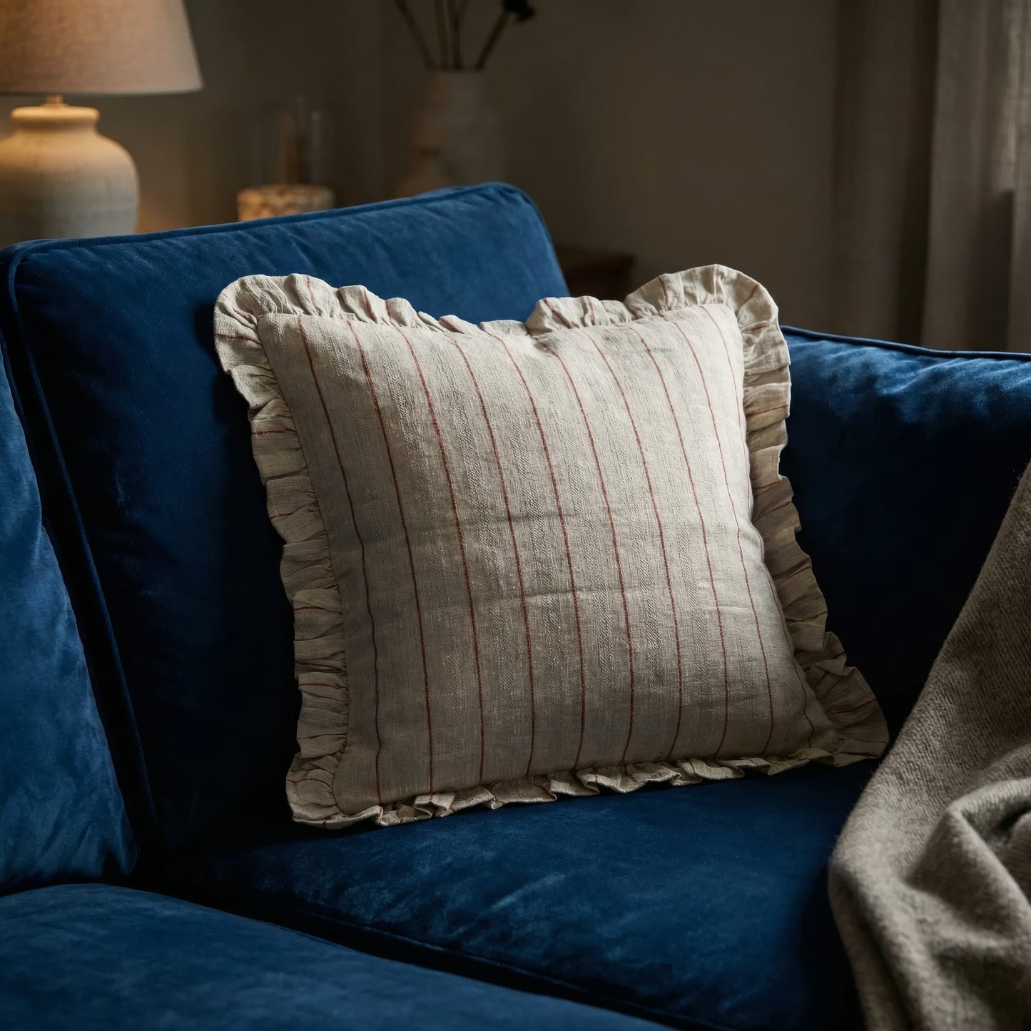 Red Striped Linen Cushion Cover with Ruffle Trim – 45cm