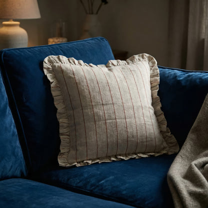 Red Striped Linen Cushion Cover with Ruffle Trim – 45cm