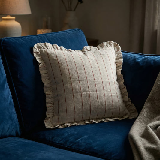 Red Striped Linen Cushion Cover with Ruffle Trim – 45cm