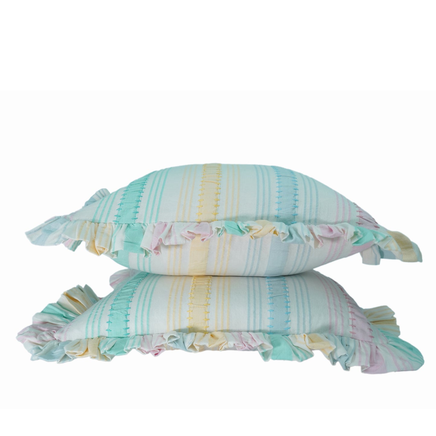 Rainbow Seersucker Cotton Cushion Cover with Ruffle Trim - 45cm