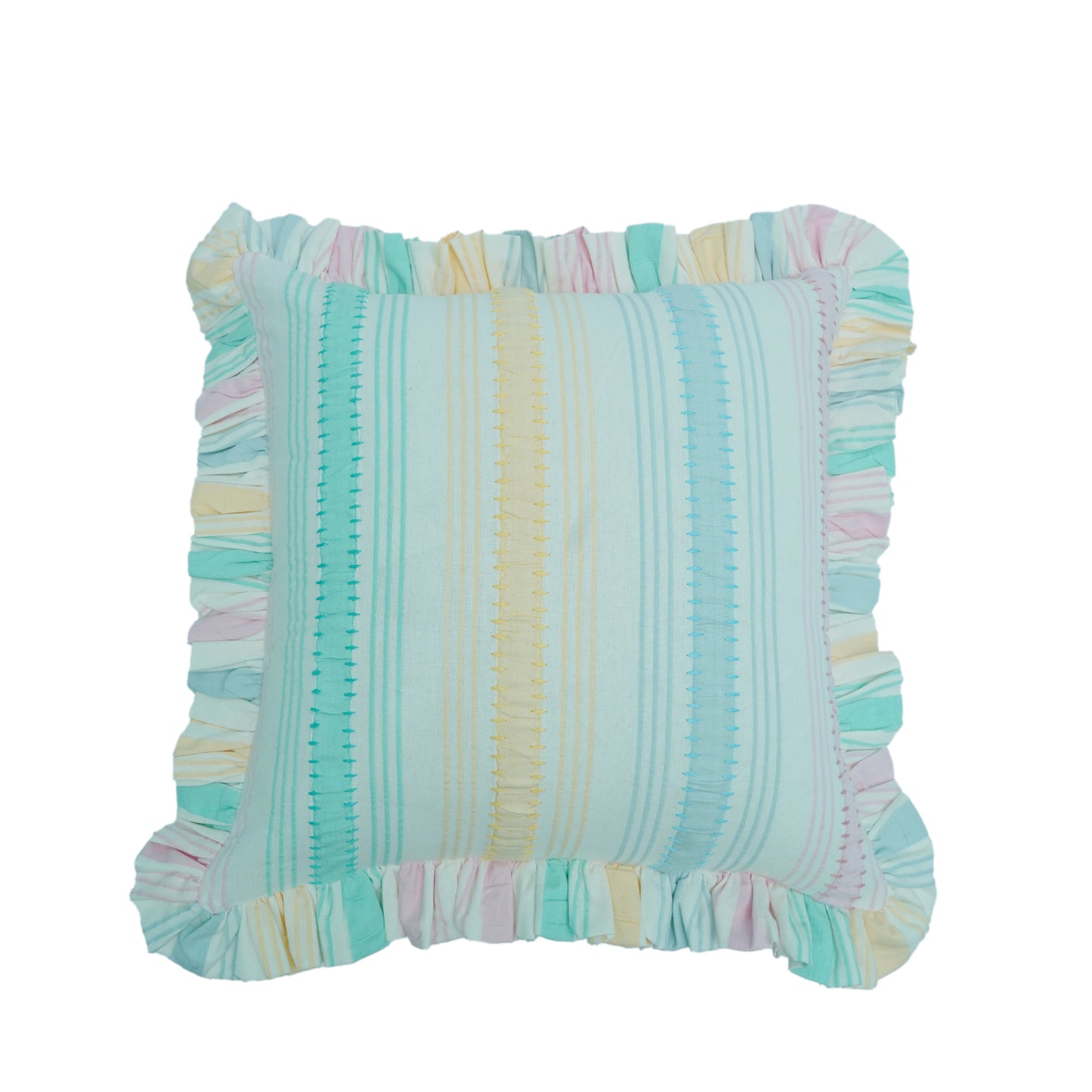 Rainbow Seersucker Cotton Cushion Cover with Ruffle Trim - 45cm