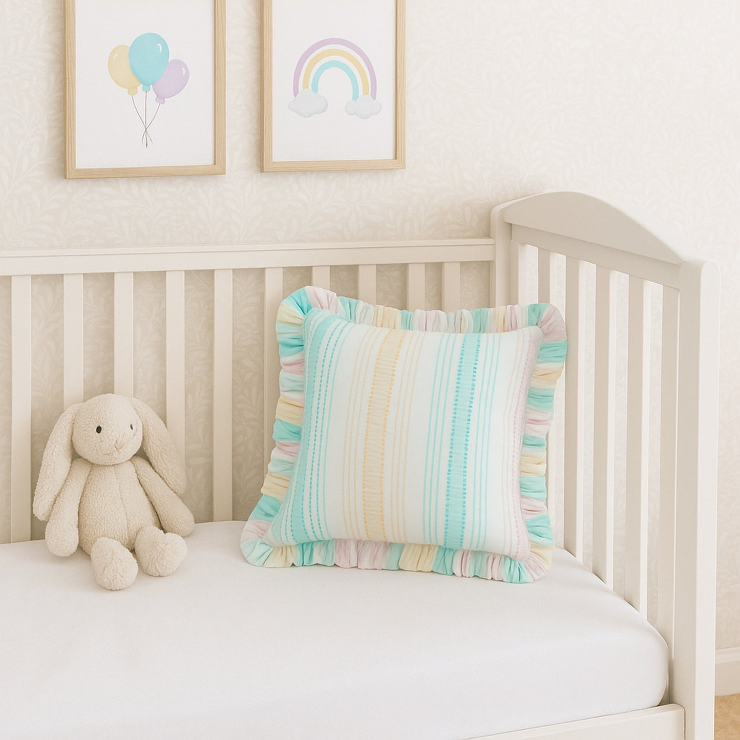 Rainbow Seersucker Cotton Cushion Cover with Ruffle Trim - 45cm