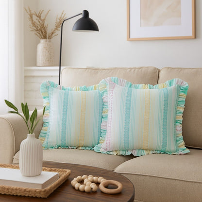 Rainbow Seersucker Cotton Cushion Cover with Ruffle Trim - 45cm