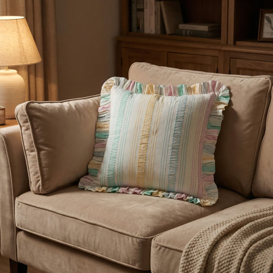 Rainbow Seersucker Cotton Cushion Cover with Ruffle Trim - 45cm
