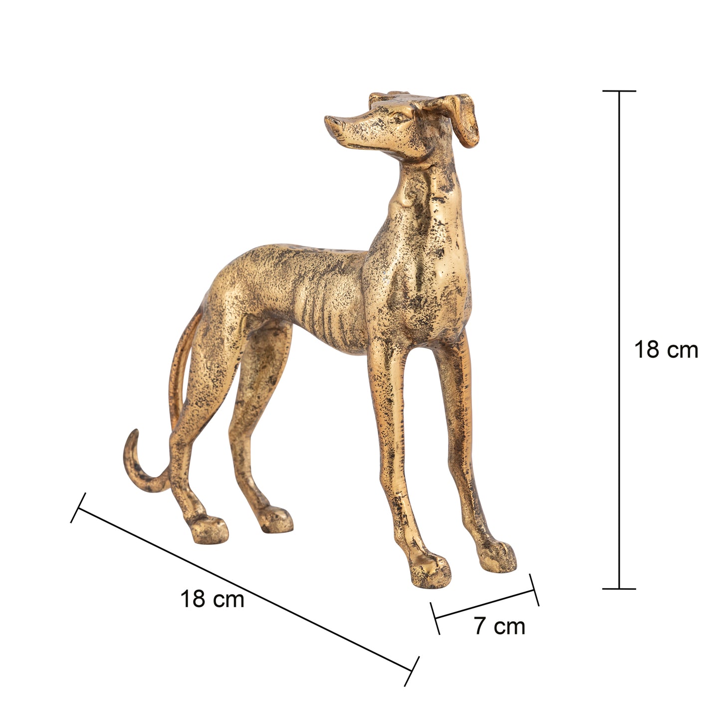 Brass dog figurine with dimensions on a white background