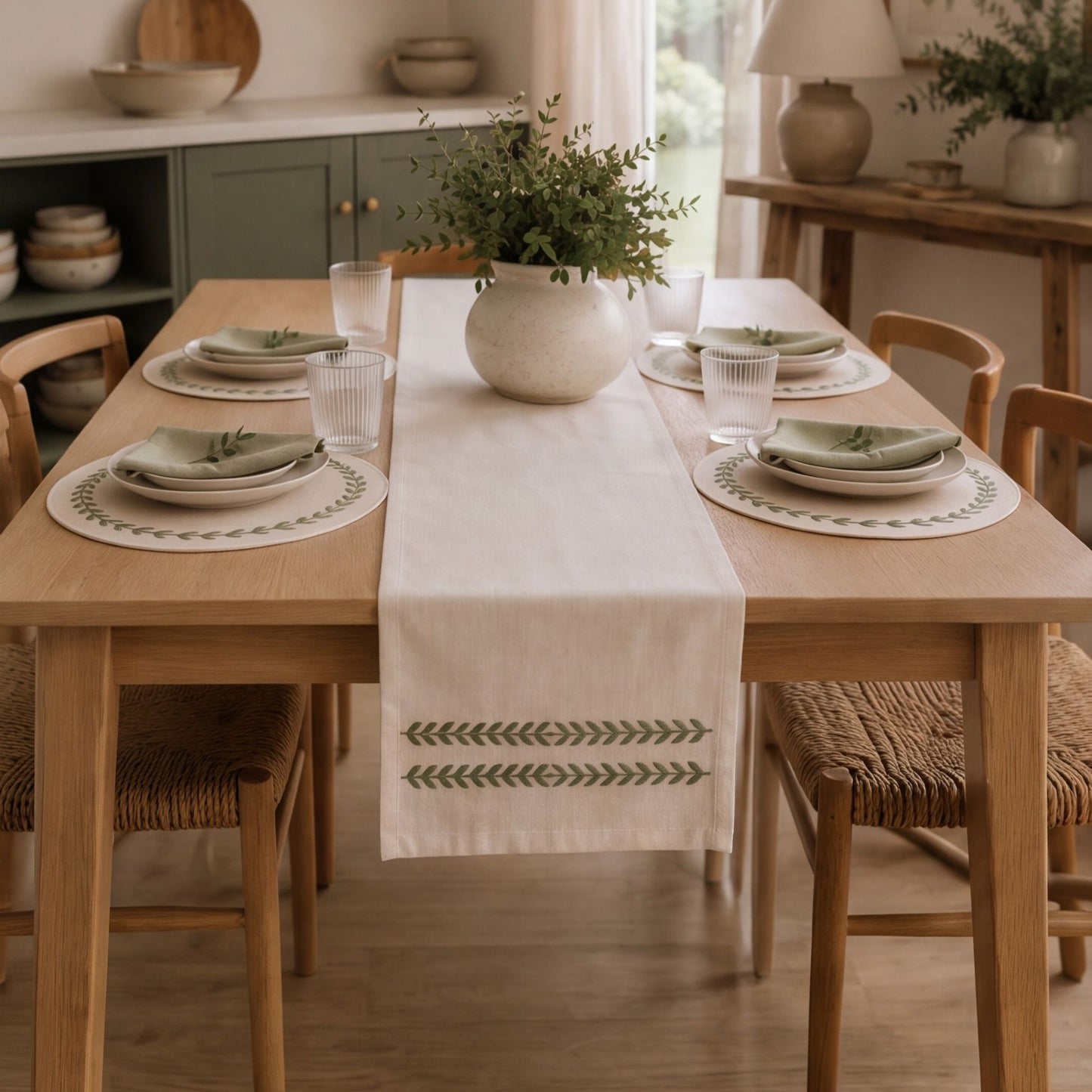 A light beige linen table runner with green embroidered chevron patterns, styled on a wooden dining table with matching napkins.