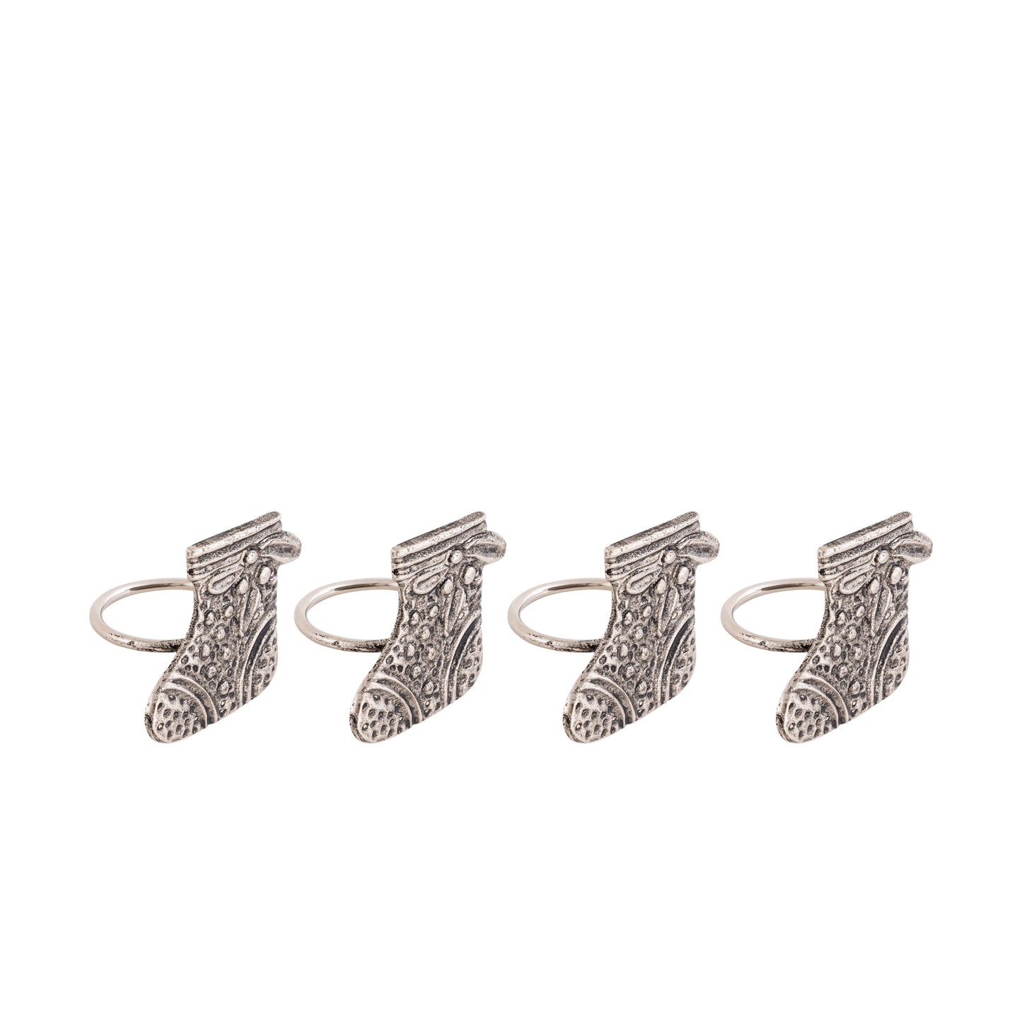 Christmas Stocking Metal Napkin Ring Antique Silver (Set of 4)