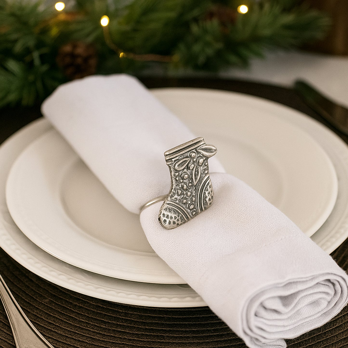 Christmas Stocking Metal Napkin Ring Antique Silver (Set of 4)