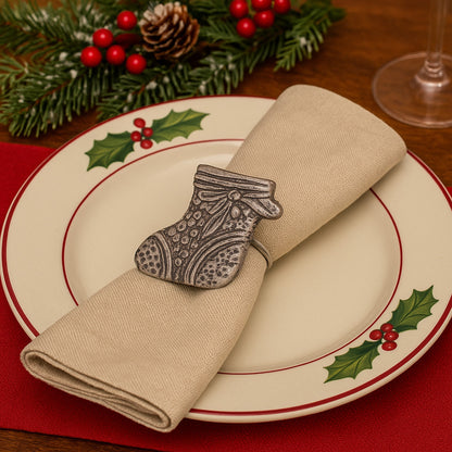 Christmas Stocking Metal Napkin Ring Antique Silver (Set of 4)