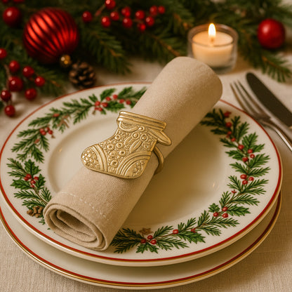 Christmas Stocking Metal Napkin Ring Gold (Set of 4)