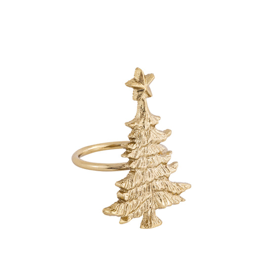 Gold Christmas tree-shaped napkin ring on a white background