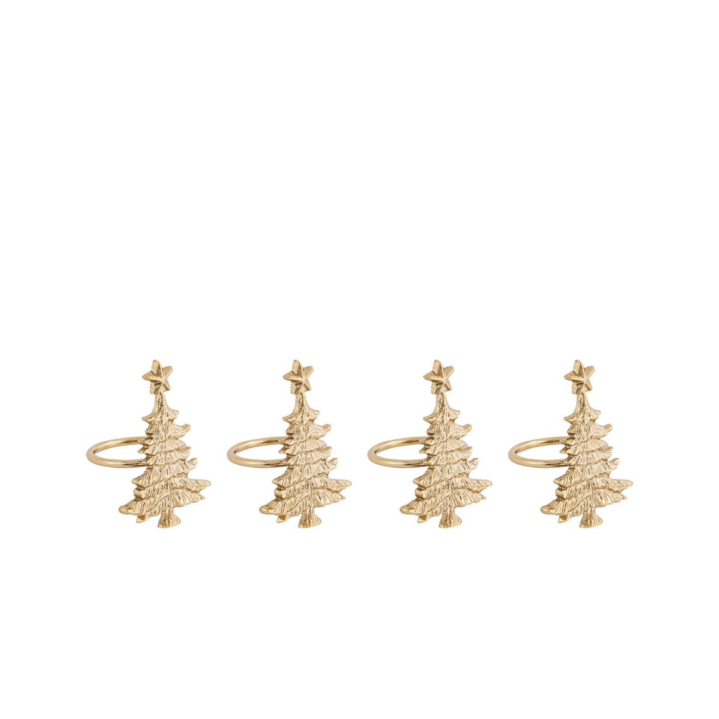 Set of four gold Christmas tree-shaped napkin rings on a white background