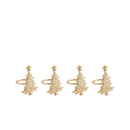 Set of four gold Christmas tree-shaped napkin rings on a white background