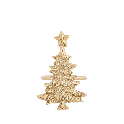 Gold Christmas tree-shaped napkin ring with a star on a white background